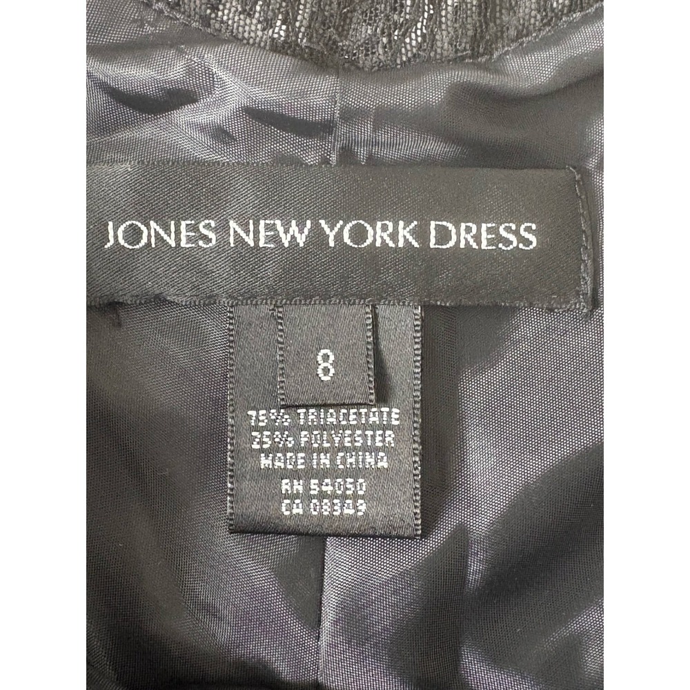 Jones New York Dress Womens 8 Black Satin Beaded Mesh Sheer Back Midi Cocktail - Picture 2 of 9